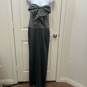 Kala Jumpsuit Striped Polka Dot Pants Strapless Bow Front Wide ZLegs Pockets